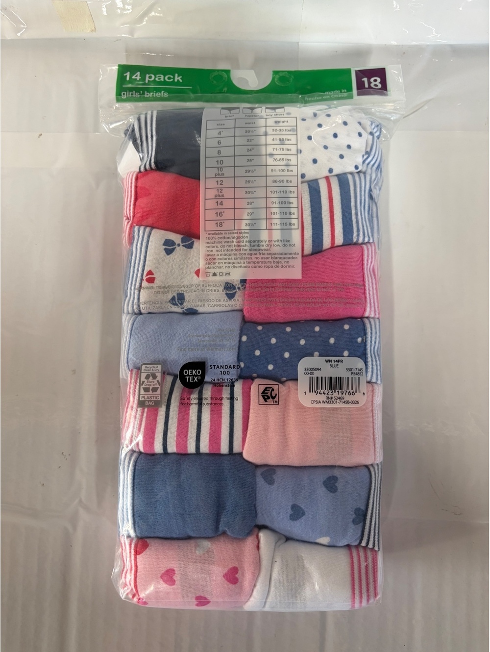 Wonder Nation Girls' Briefs 14-Pack Size 18 Multi-Color Cotton